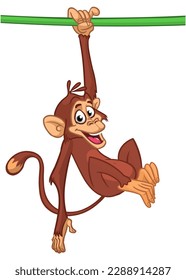 Cartoon monkey chimpanzee handing upside down on the tree branch or liana. Vector illustration of happy monkey character.