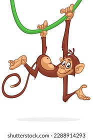 Cartoon monkey chimpanzee handing upside down on the tree branch or liana. Vector illustration of happy monkey character.