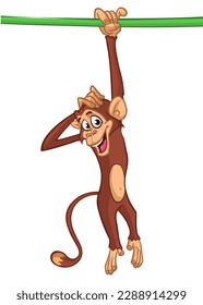 Cartoon monkey chimpanzee handing upside down on the tree branch or liana. Vector illustration of happy monkey character.