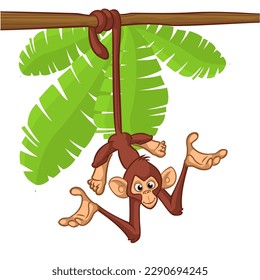 Cartoon monkey chimpanzee handing upside down on the tree branch. Vector illustration of happy monkey character.