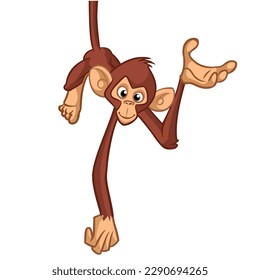 Cartoon monkey chimpanzee handing upside down on the tree branch. Vector illustration of happy monkey character.