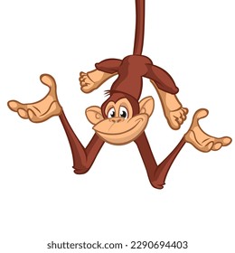 Cartoon monkey chimpanzee handing upside down on the tree branch. Vector illustration of happy monkey character.