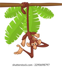 Cartoon monkey chimpanzee handing upside down on the tree branch. Vector illustration of happy monkey character.