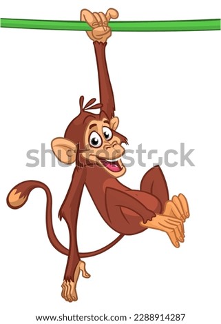Cartoon monkey chimpanzee handing upside down on the tree branch or liana. Vector illustration of happy monkey character.
