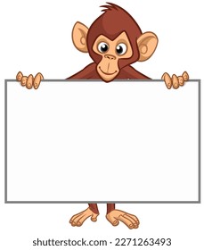 Cartoon monkey chimpanzee holding blank empty white paper or placard for menu or greetings. Vector illustration of happy monkey character