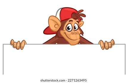 Cartoon monkey chimpanzee holding blank empty white paper or placard for menu or greetings. Vector illustration of happy monkey character