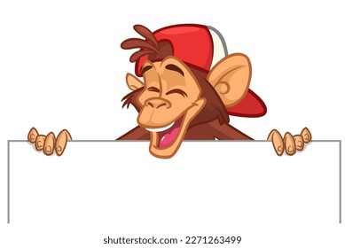 Cartoon monkey chimpanzee holding blank empty white paper or placard for menu or greetings. Vector illustration of happy monkey character