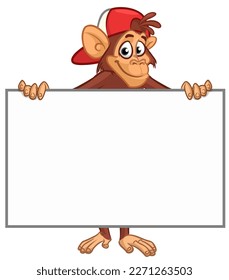 Cartoon monkey chimpanzee holding blank empty white paper or placard for menu or greetings. Vector illustration of happy monkey character