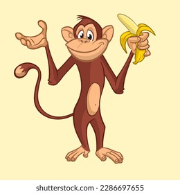 Cartoon monkey chimpanzee holding and eating banana. Vector illustration of happy monkey character design isolated.