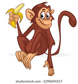 Cartoon monkey chimpanzee holding and eating banana. Vector illustration of happy monkey character design isolated.