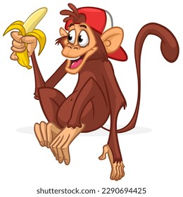 Cartoon monkey chimpanzee holding and eating banana. Vector illustration of happy monkey character design isolated.