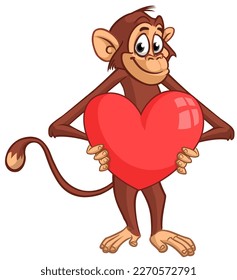 Cartoon monkey chimpanzee holding red balloon heart gift. Vector illustration of happy monkey for St. Valentine's Day party. Vector isolated