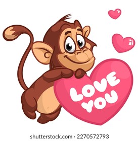 Cartoon monkey chimpanzee holding red balloon heart gift. Vector illustration of happy monkey for St. Valentine's Day party. Vector isolated