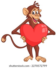 Cartoon monkey chimpanzee holding red balloon heart gift. Vector illustration of happy monkey for St. Valentine's Day party. Vector isolated