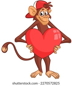 Cartoon monkey chimpanzee holding red balloon heart gift. Vector illustration of happy monkey for St. Valentine's Day party. Vector isolated