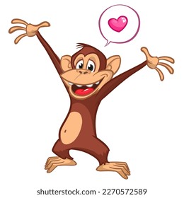 Cartoon monkey chimpanzee in love with heart speech bubble. Vector illustration of happy monkey character. Vector illustration for St Valentines Day