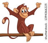 Cartoon monkey chimpanzee sitting on the tree branch. Vector illustration of happy monkey character