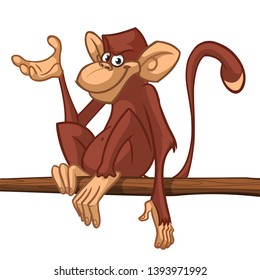 Cartoon monkey chimpanzee sitting on the tree branch. Vector illustration of happy monkey character