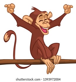 Cartoon monkey chimpanzee sitting on the tree branch. Vector illustration of happy monkey character