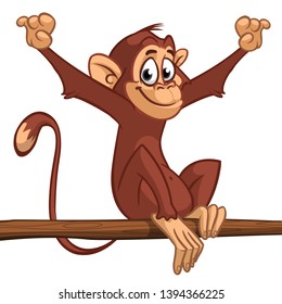 Cartoon monkey chimpanzee sitting on the tree branch. Vector illustration of happy monkey character