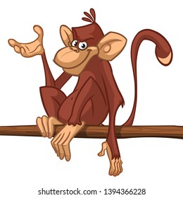 Cartoon monkey chimpanzee sitting on the tree branch. Vector illustration of happy monkey character