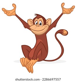 Cartoon monkey chimpanzee waving hands. Vector illustration of happy monkey character.