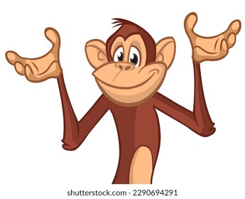 Cartoon monkey chimpanzee waving hands. Vector illustration of happy monkey character.