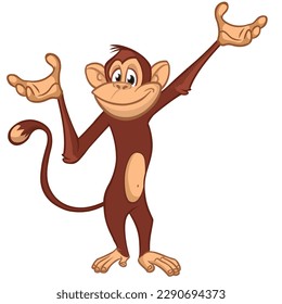 Cartoon monkey chimpanzee waving hands. Vector illustration of happy monkey character.