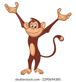 Cartoon monkey chimpanzee waving hands. Vector illustration of happy monkey character.