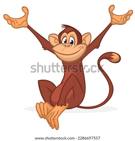 Cartoon monkey chimpanzee waving hands. Vector illustration of happy monkey character.