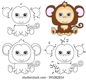 Cartoon monkey. Coloring book and dot to dot educational game for kids