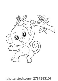 Cartoon Monkey Coloring Page for Kids. Adorable Animal Swinging on a Branch. Bold and Easy Coloring Sheet for Children.