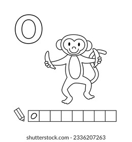 Cartoon monkey coloring pages. Learning game for small children - write a word in Russian language. Vector alphabet for kids