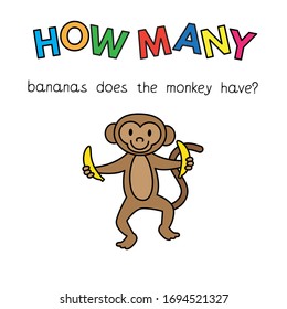 Cartoon monkey counting game. Vector Illustration for children education. How many bananas does the monkey have