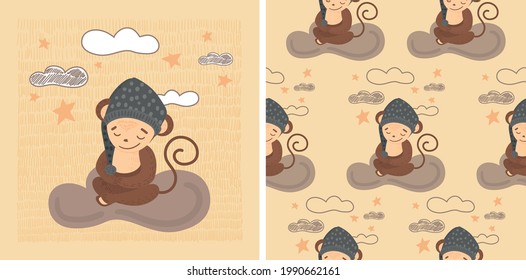 Cartoon monkey. A cute monkey in a nightcap with clouds and stars in gentle colors. Hand drawn vector illustration of an animal for nursery, childrens textiles, posters, postcards, wrapping paper.
