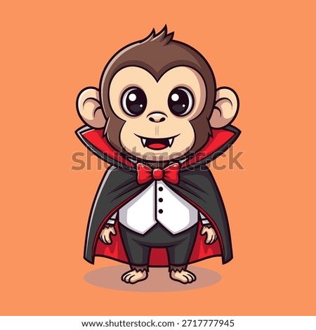Cartoon monkey dressed as vampire with cape and bow tie on orange background