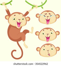 Cartoon monkey with emotions of happiness and smiles on a white background