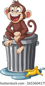 Macaco de desenhos animados com rosto expressivo se senta em cima de uma lata de lixo prateada, cercado por uma casca de banana e poça d'água, estilo de vetor plano