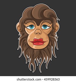 Cartoon monkey face. Female monkey with beautiful red lips