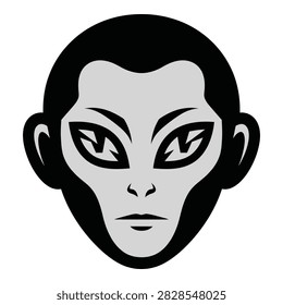 A cartoon monkey face with sharp eyes and dark hair in a closeup view, looking intense