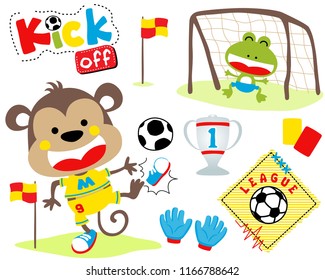 Cartoon of monkey and frog playing soccer. Funny animals with soccer elements