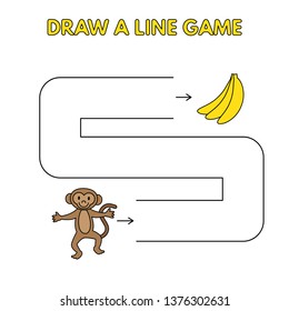 Cartoon monkey game for small children - draw a line. Vector design for kids education