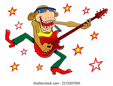 Cartoon monkey with a guitar. Monkey musician dances. Vector color illustration isolated on white.