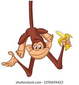 Cartoon monkey handing upside down on the tree branch. Vector illustration for children book or package design