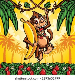 cartoon monkey hanging with banana
