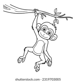 Cartoon monkey hanging on tree branch line art