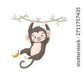 Cartoon monkey hanging on vine with banana, hand drawn for kids design in flat style.