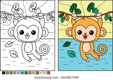 Cartoon Monkey Hanging on a Vine: Cute animal illustration with color by number outline and colored version.