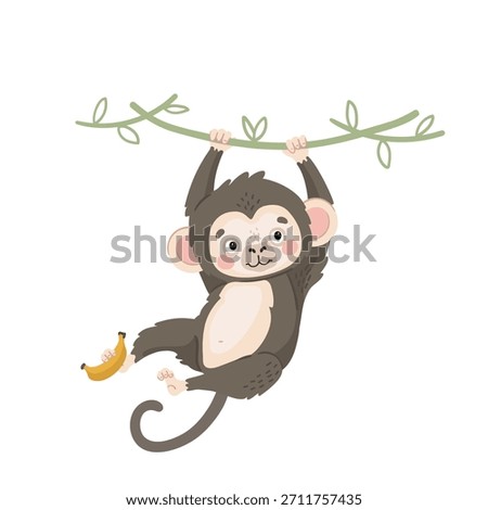 Cartoon monkey hanging on vine with banana, hand drawn for kids design in flat style.