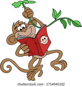 Cartoon monkey hanging reading a book vector illustration